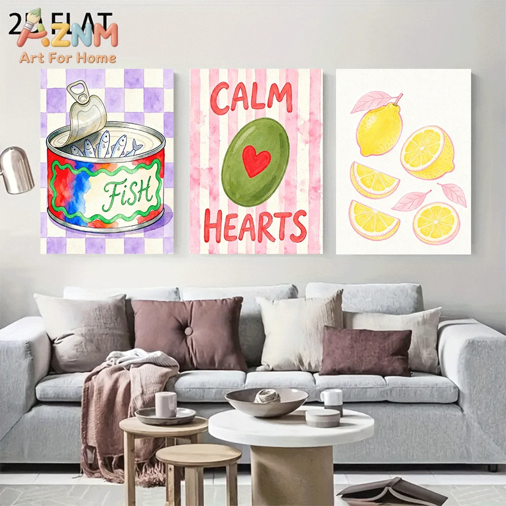 AZNM Frameless Canvas Wall Art, Cute Canned Fish Avocado Lemon Watercolor Print, Colorful Checkered Striped Food Art Wall Decor