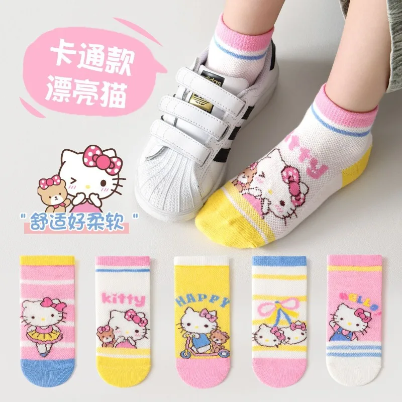 

5 пар детских носков Sanrio Hello Kitty, короткие носки для девочек в стиле аниме, кавайные детские летние весенние носки с героями мультфильмов, детский подарок, От 1 до 12 лет
