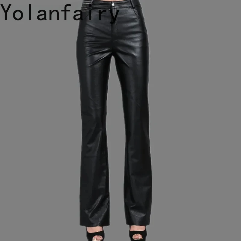 Leather Pants Spring Autumn Women's Genuine Sheepskin Pants OL Pants Big Size Flared Casual