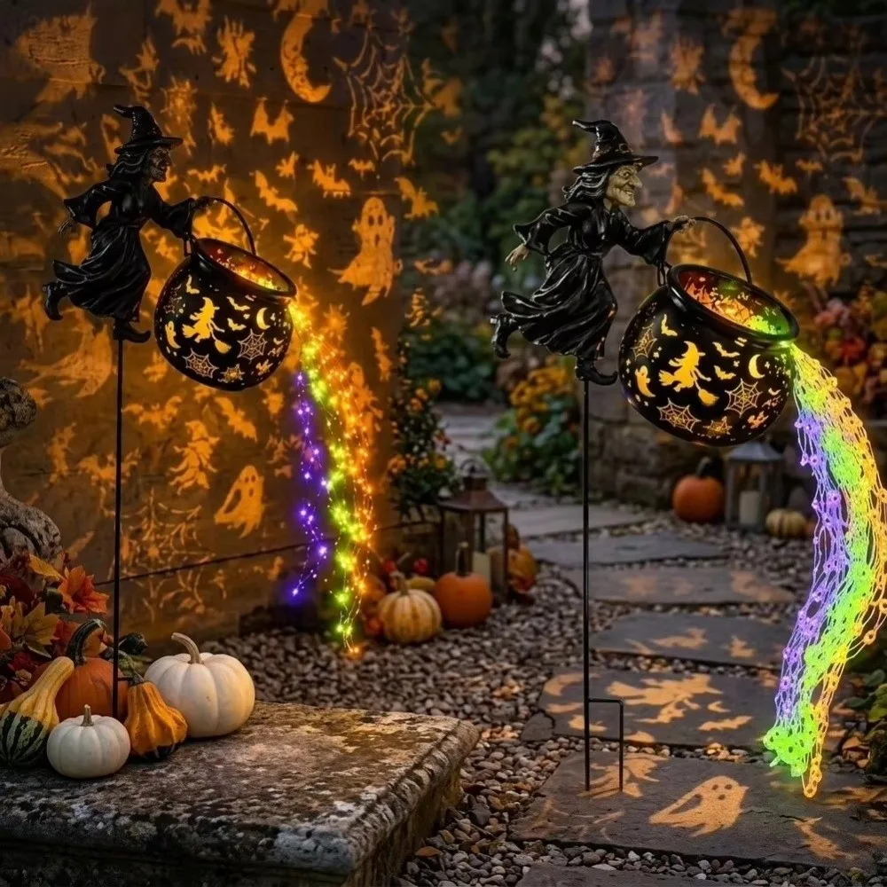 LED Halloween Witch Cauldron Garden Light Shadow Projection Carved Cutouts Witch Cauldron Light Lawn Walkway Lighting