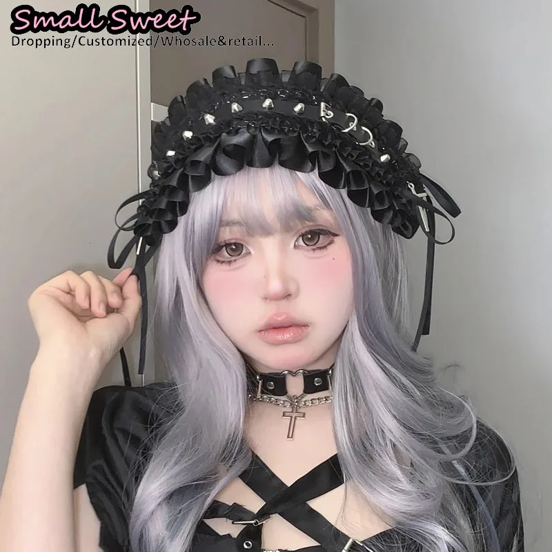 Goth Lolita Rivet Cross Hair Accessories Hair Bands Harajuku Y2K Girl Personality Hair Band Punk Lace Ruffled Headband Hair Hoop