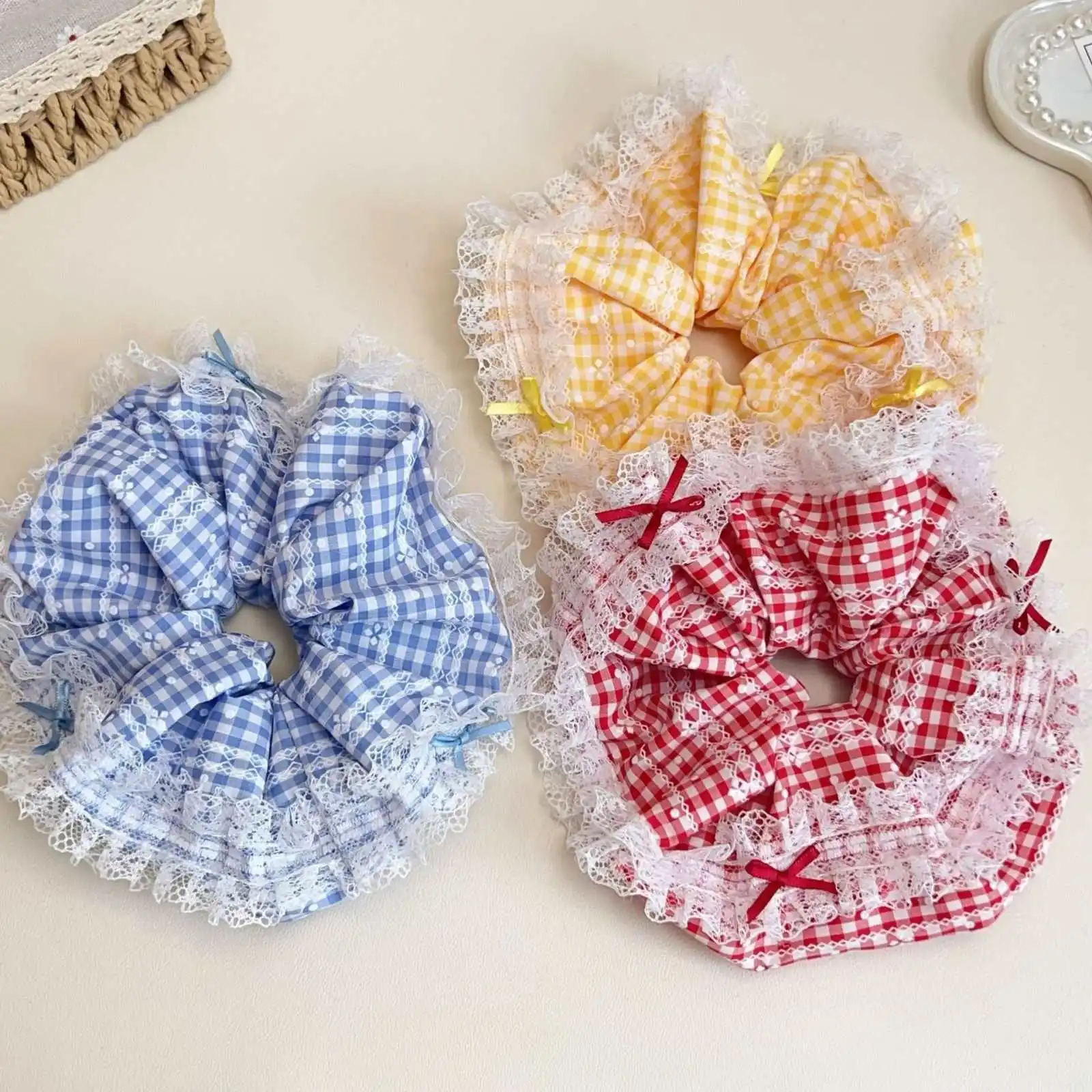 

Lace Edge Plaid Scrunchy for Women French Romantic Ponytail Hair Tie Low Bun Hair Rope Hair Accessory Sturdy