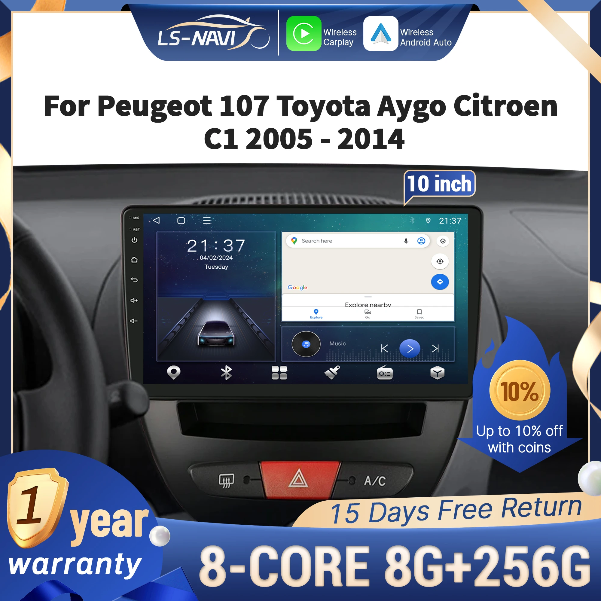 

Для Peugeot 107 Toyota Aygo Citroen C1 2005-2014 Автомобильный радиоприемник Мультимедийная навигация GPS Беспроводной CarPlay 4G Сенсорный экран