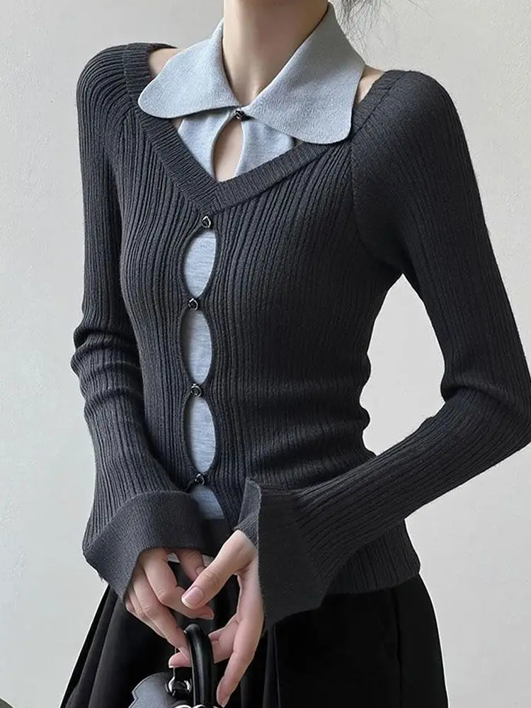 ZONHEMEN 2026 Autumn New Grey Faux Two-Piece Knitted Sweater Women High Street Unique Design Waist-Cinching Slim Fit Elegant Top