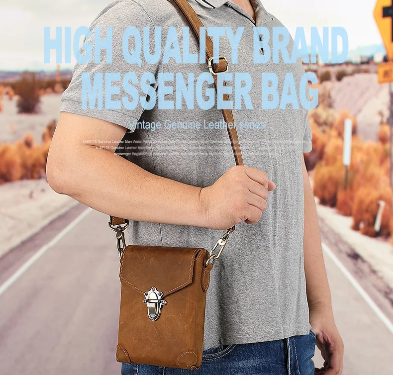 Real leather men's waist bag retro crazy horse leather shoulder bag casual wear belt large capacity high-grade small hanging bag