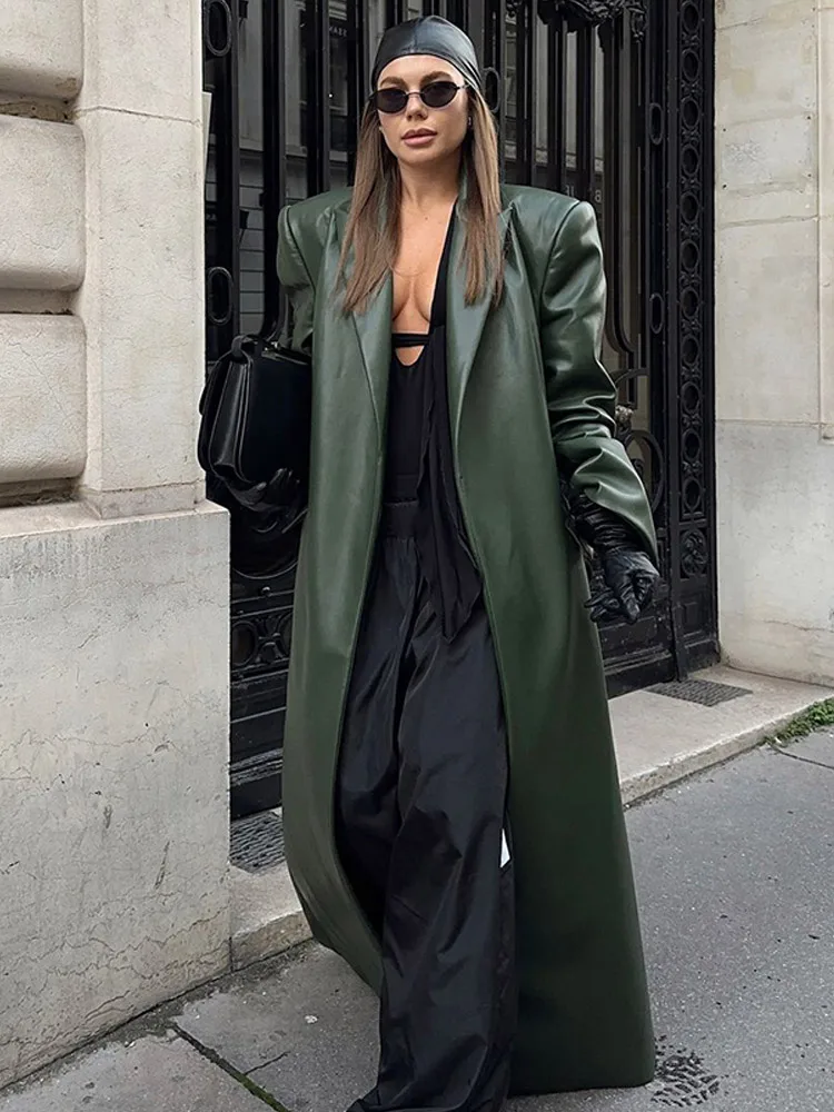 Veste Longue en Cuir Surdimensionnée pour Femme, Manteau Chic à Manches sulf, Vert Foncé, avec Poche, Streetwear