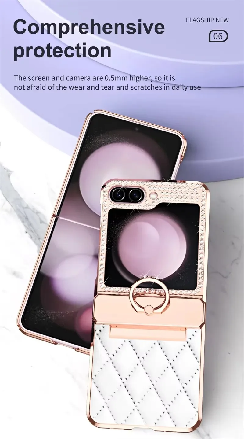 

Leather Plating Glitter Bling Diamond Hinge Phone Cover For Samsung Galaxy Z Flip 3 4 5 6 5G Shockproof Ring Protective Case