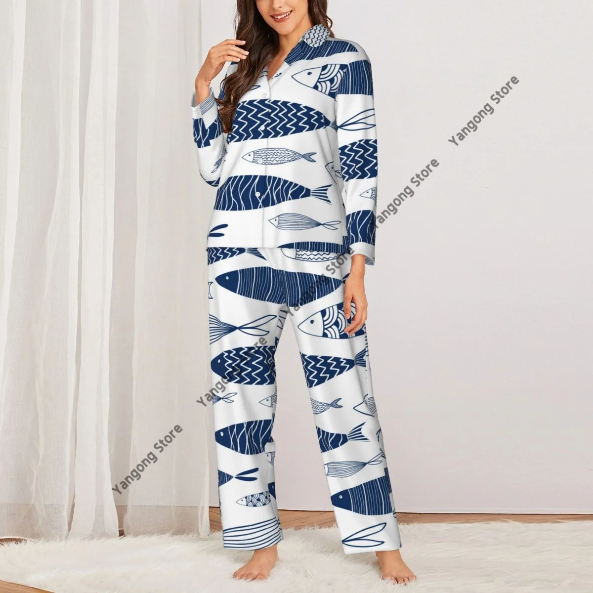 Spring and Autumn Long Sleeve Pants Pajamas Loungewear Set Ornamental Fish Women's Pull Edge Loose Sleeping Suit