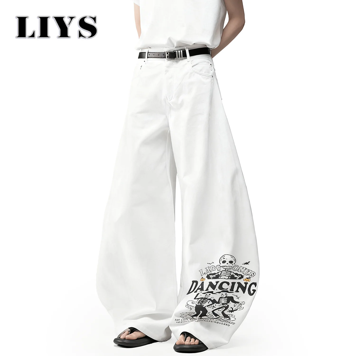 جينز كوري أبيض فضفاض للرجال واسع الساق 100% قطن مطبوع الهيب هوب أكاديمي فضفاض للجنسين من قماش الدنيم زي الهالوين