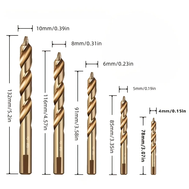 4/5/6/8/10mm 5-teiliges M35 HSS-E Kobalt-Bohrer-Set, Hochleistungs-Stufenbohrer für gehärteten Stahl und Eisen