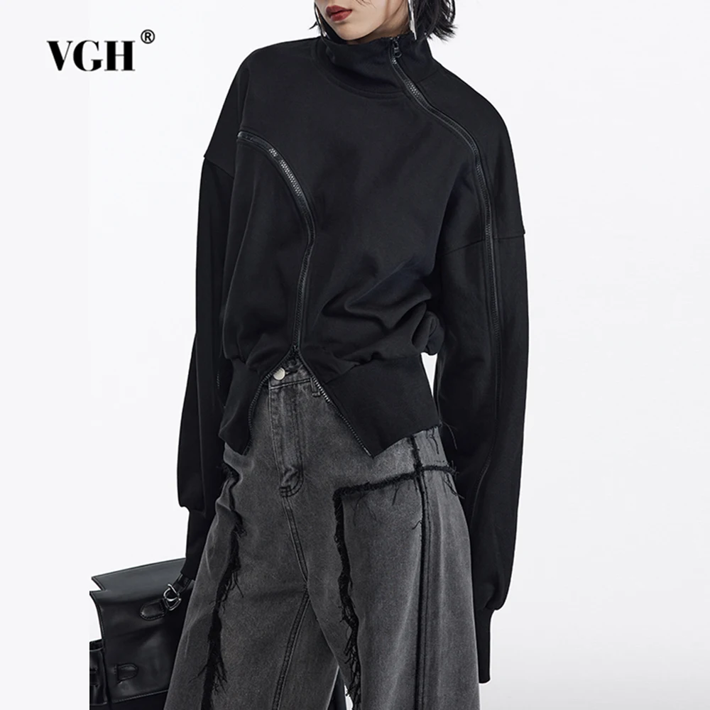 VGH Solid Minimalist Loose Sweatshirts For Women Turtleneck Long Sleeve Patchwork Zipper Irregular Sweatshirt Female Fashion New