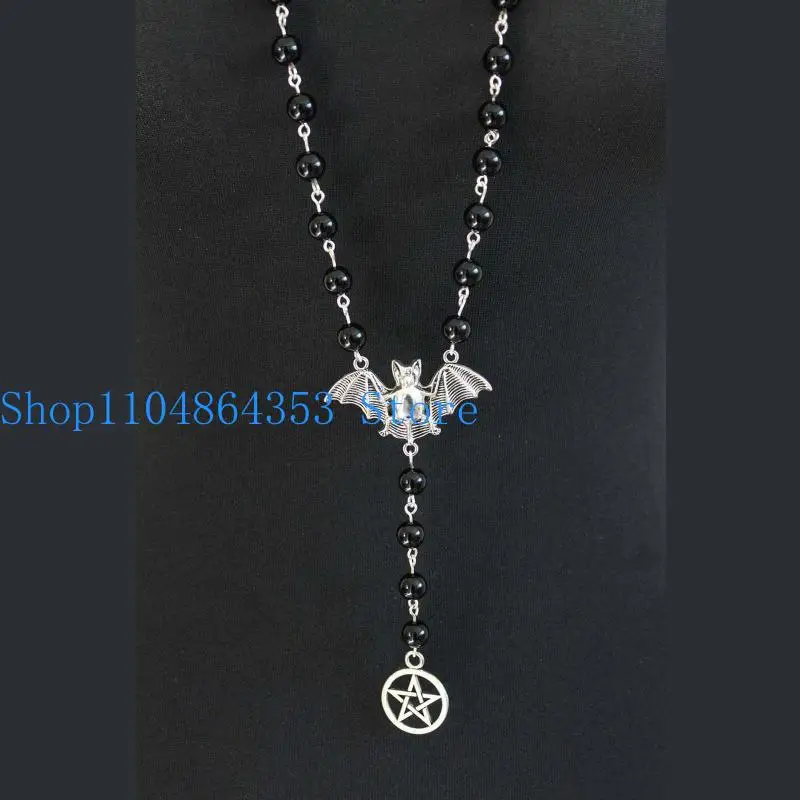 652F Gothic Halloween Jewelry Rosary Necklace Gothic Silver Bat Pendant Pagan Pentagram Pendant Necklace for Women Men