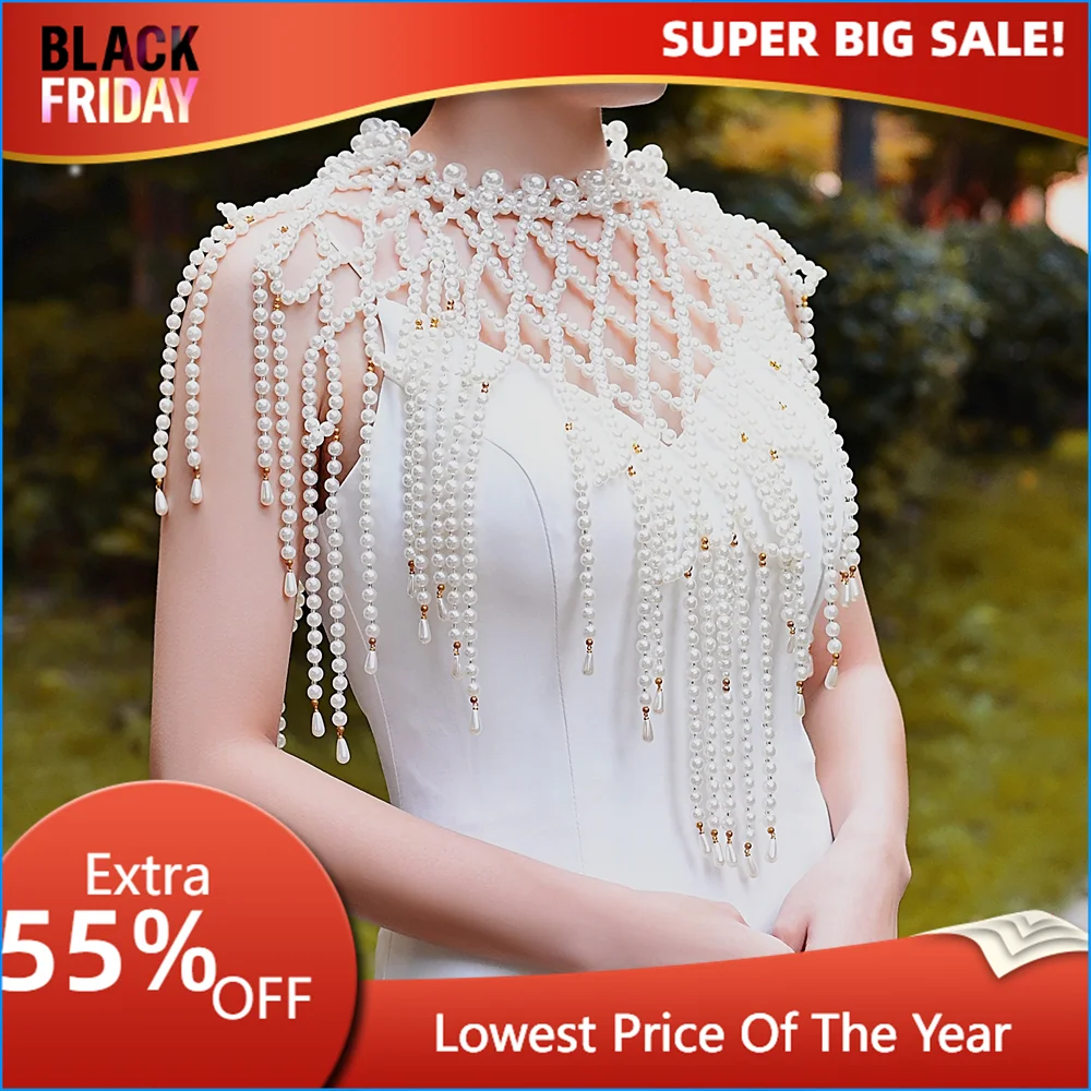 TOPQUEEN G42 Bridal Cape Pearl Cover for Bride Sexy Ladies Shawl Pearls Beaded Tassel Wedding Sleeves Removable White DIY Cape