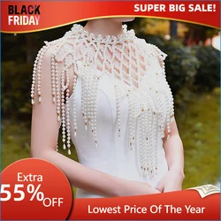 TOPQUEEN G42 Bridal Cape Pearl Cover for Bride Sexy Ladies Shawl Pearls Beaded Tassel Wedding Sleeves Removable White DIY Cape