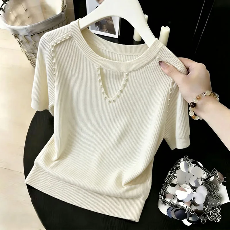 

Knitted Sweater Women Pullovers New Summer Short Sleeve Beading Knit Sweater Pullover Women Tops O-Neck Sueters De Mujer Q4409