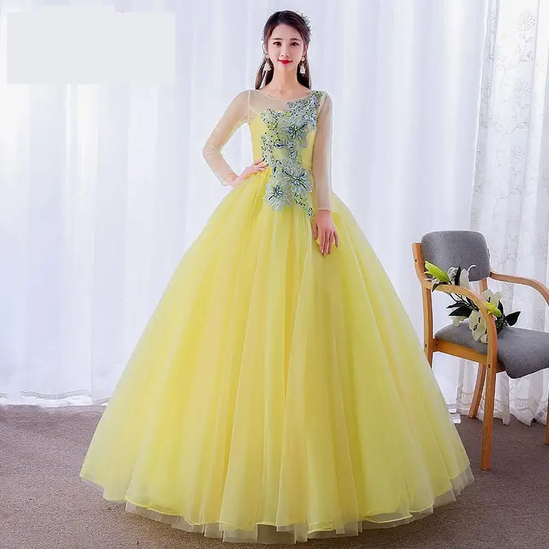 

Illusion Scoop Neck Quinceanera Dresses New Elegant Floor-length Ball Gowns With Full Sleeves Yellow Tulle Vestido De Baile