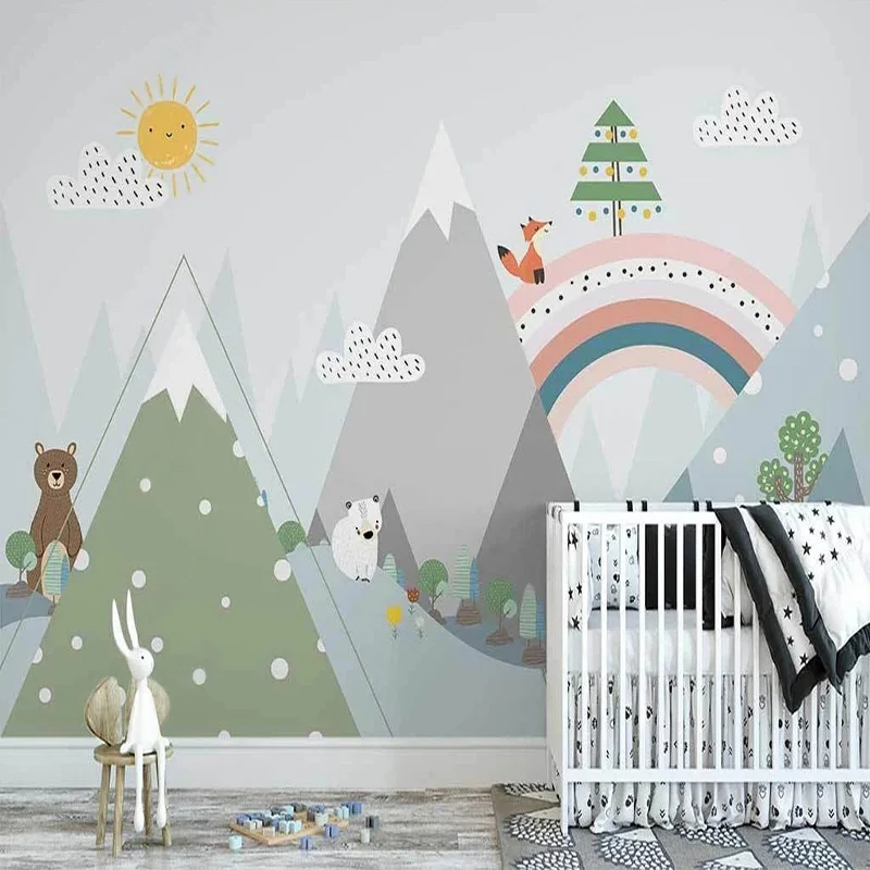 Custom Any Size Mural Wallpaper Nordic Hand-painted 3D Cartoon Rainbow Animal Children's Room Background Wall Papers