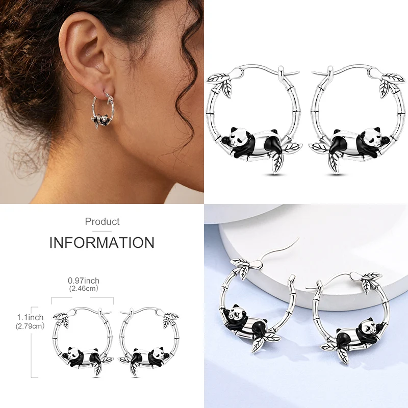 925 Sterling Silver Earring Cute Animal Panda Bamboo Round Shape Hoop Earring For Woman Party Fashion Jewelry Gift