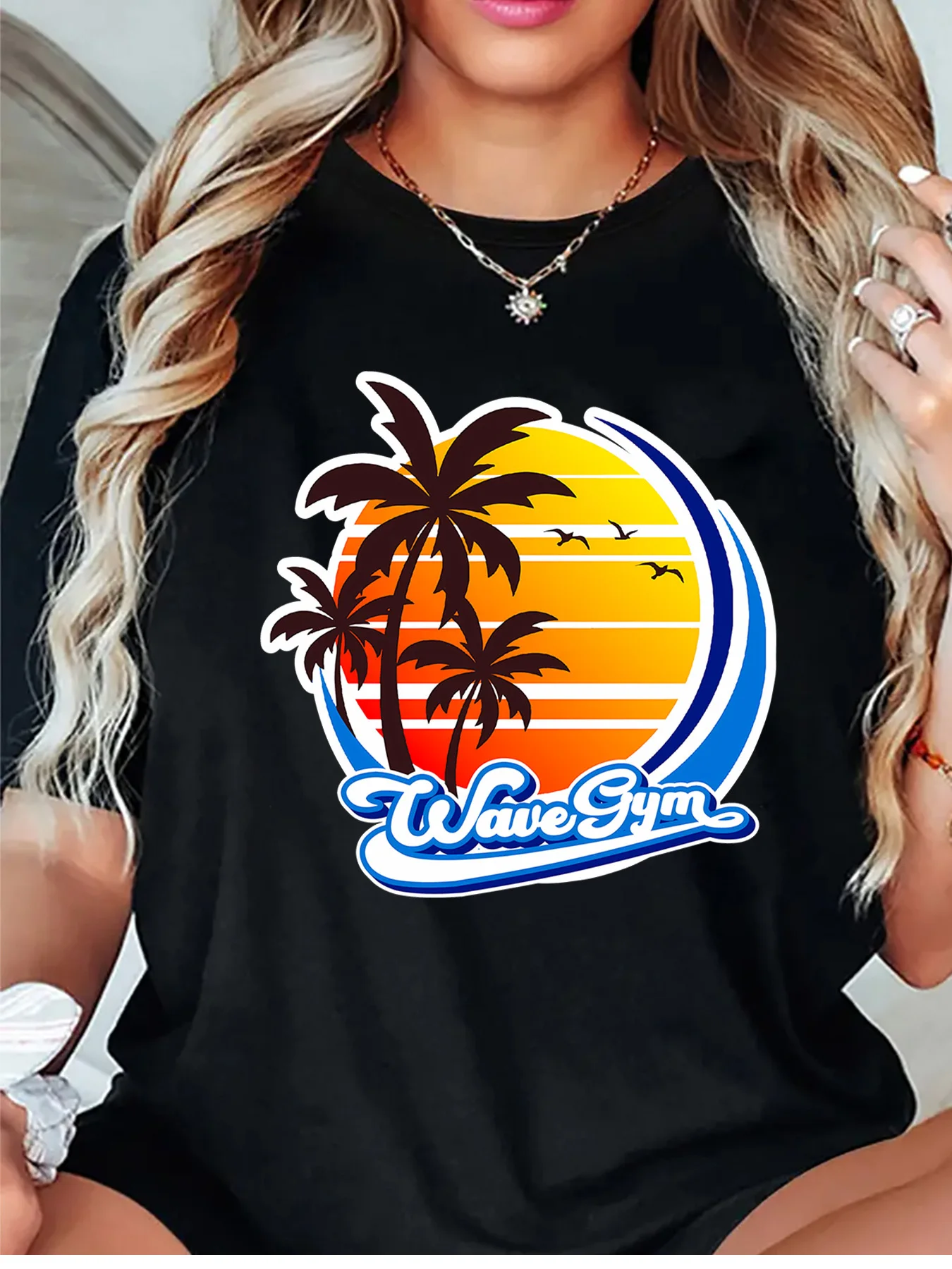 Wave Gym Retro Sunset Palm Tree Ocean Wave Art Graphic Womens T Shirt Short Sleeve Crew Neck Daily Casual Ladies Tee Tops