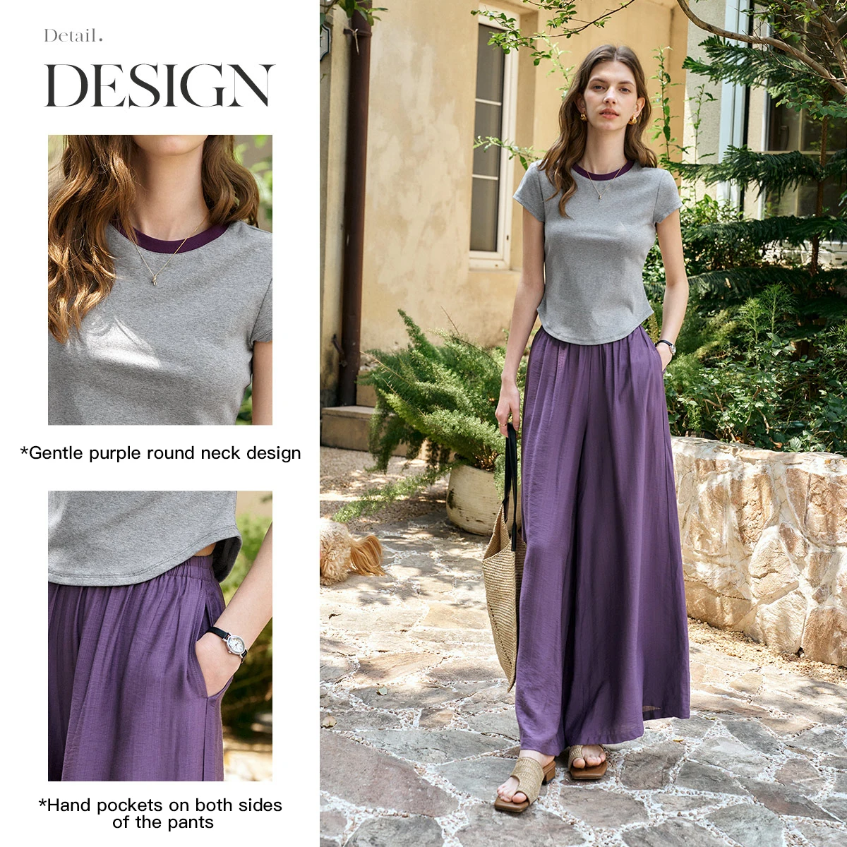 OLrain Women Casual Two Piece Pants Set 2025 Woman Gray Fitted T-shirt Purple Slouchy Pant Summer Outfits Ladies Suit O57XE98283
