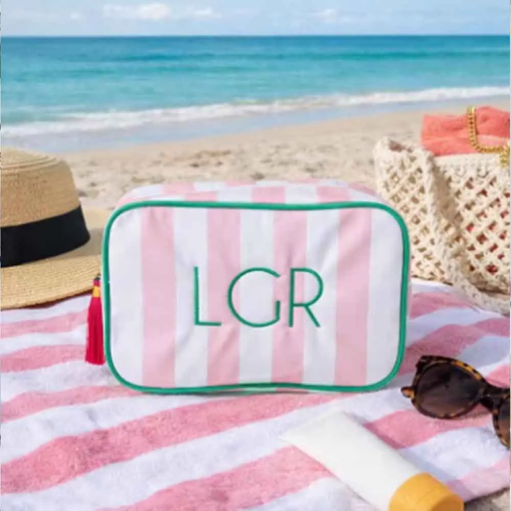 Personalized Embroidered Name Makeup Bag, Monogramed Toiletries Bag, Ladies Travel Storage Bag, Striped Tassel Toiletry Bag