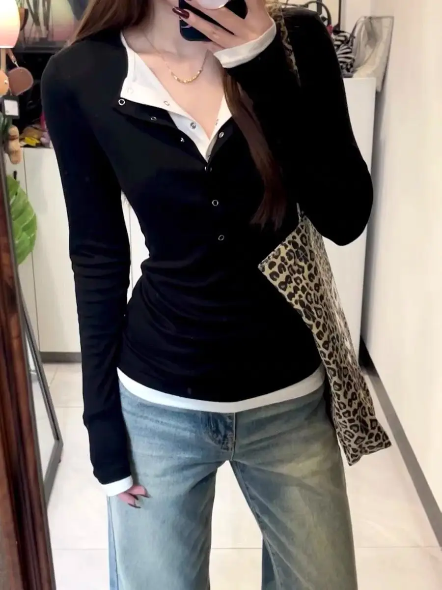 HOUZHOU Women Fake Two‑Piece Long Sleeve Top Snap Button Henley Collar Slim Layered Look Tee Y2K Casual Streetwear Basic T‑Shirt