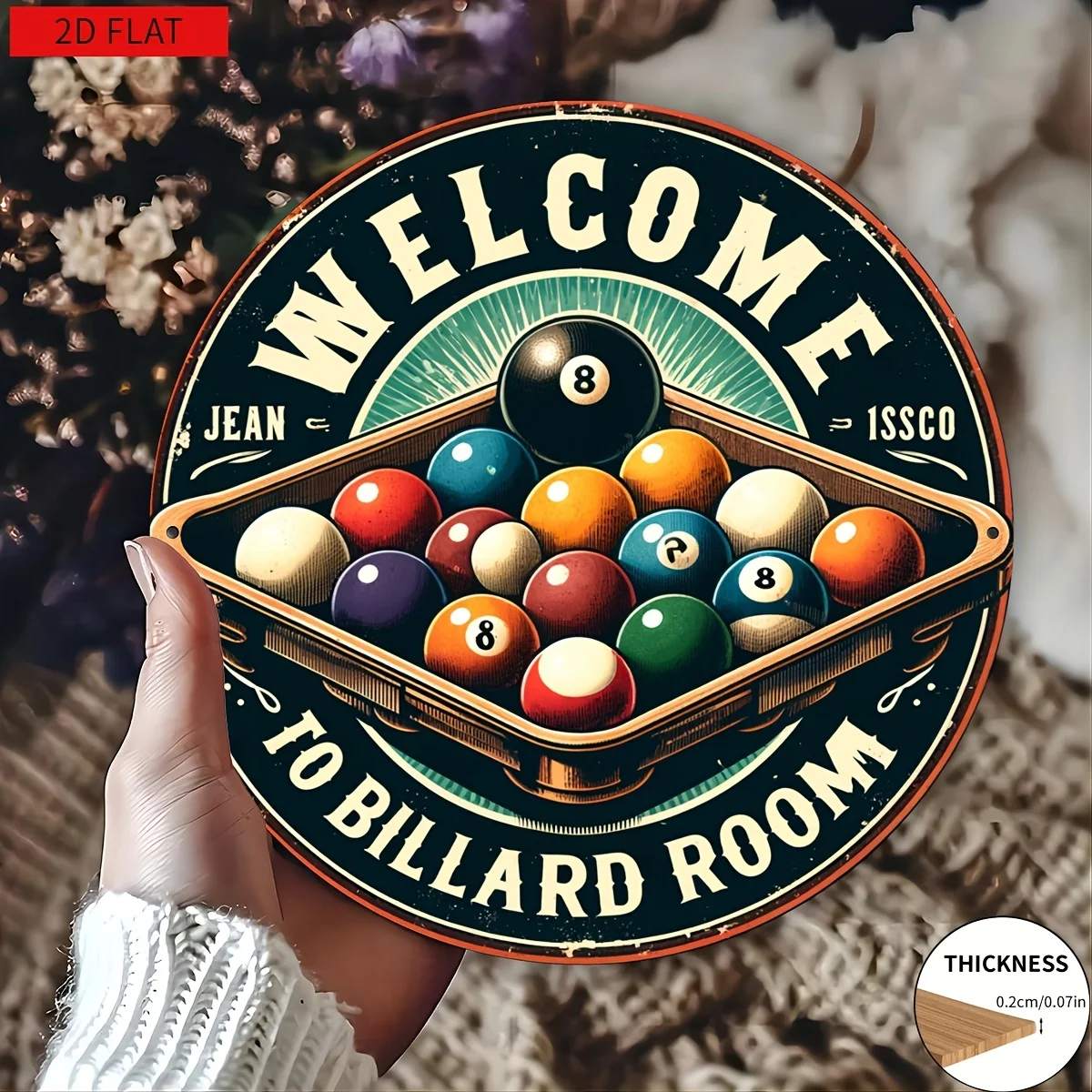 2D Flat, 1pc of 2D Flat Vintage Round Wooden Billiard Room Wall Art - Classic Billiard Cue and Ball Design, Fun Decoration for B