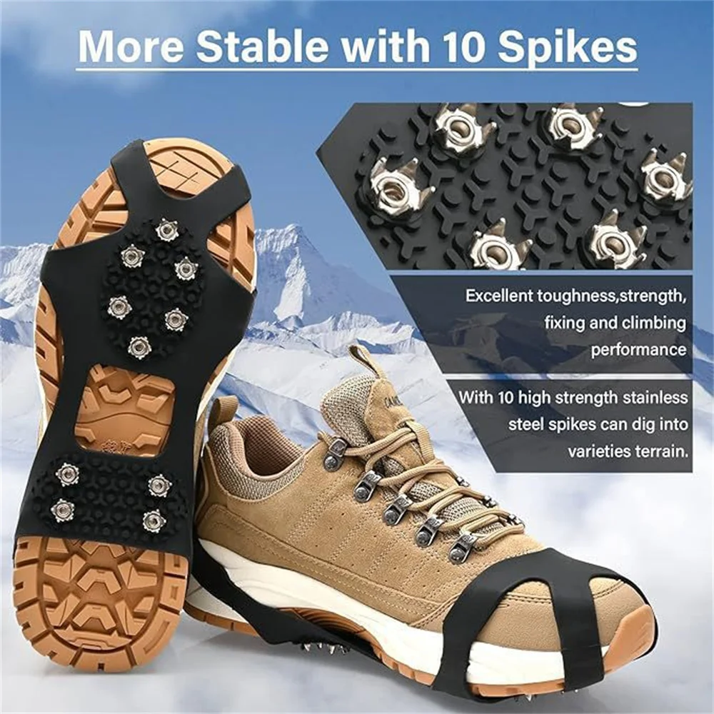 1 PC Outdoor Crampons Mountaineering Travel Fishing Snow Non-Slip Shoe Cover Stainless Steel 10 Teeth Ice and Snow Spike Silicon