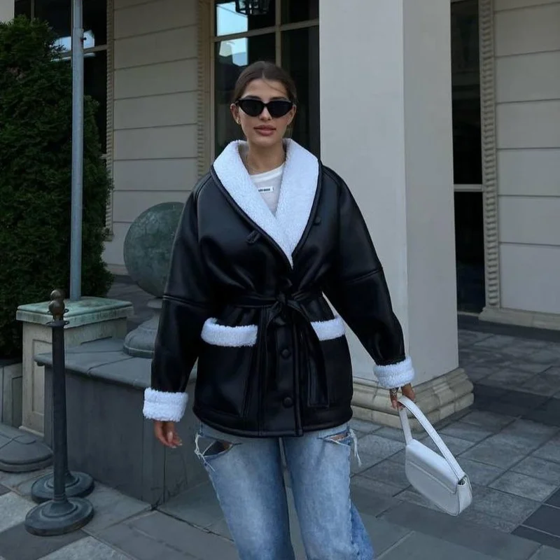 女性のための厚い革のジャケット,長袖,スプライシングベルト付きコート,ヴィンテージのトップス,暖かい綿のゴシックジャケット,冬のファッション,y2k