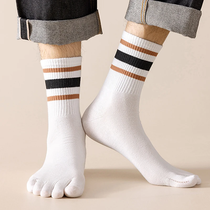 Men\'s Five Finger Socks Striped Low Cut Five-toe Novelty Anti-odor Cotton Comfortable Casual Middle Sock High Quality Sports Sox