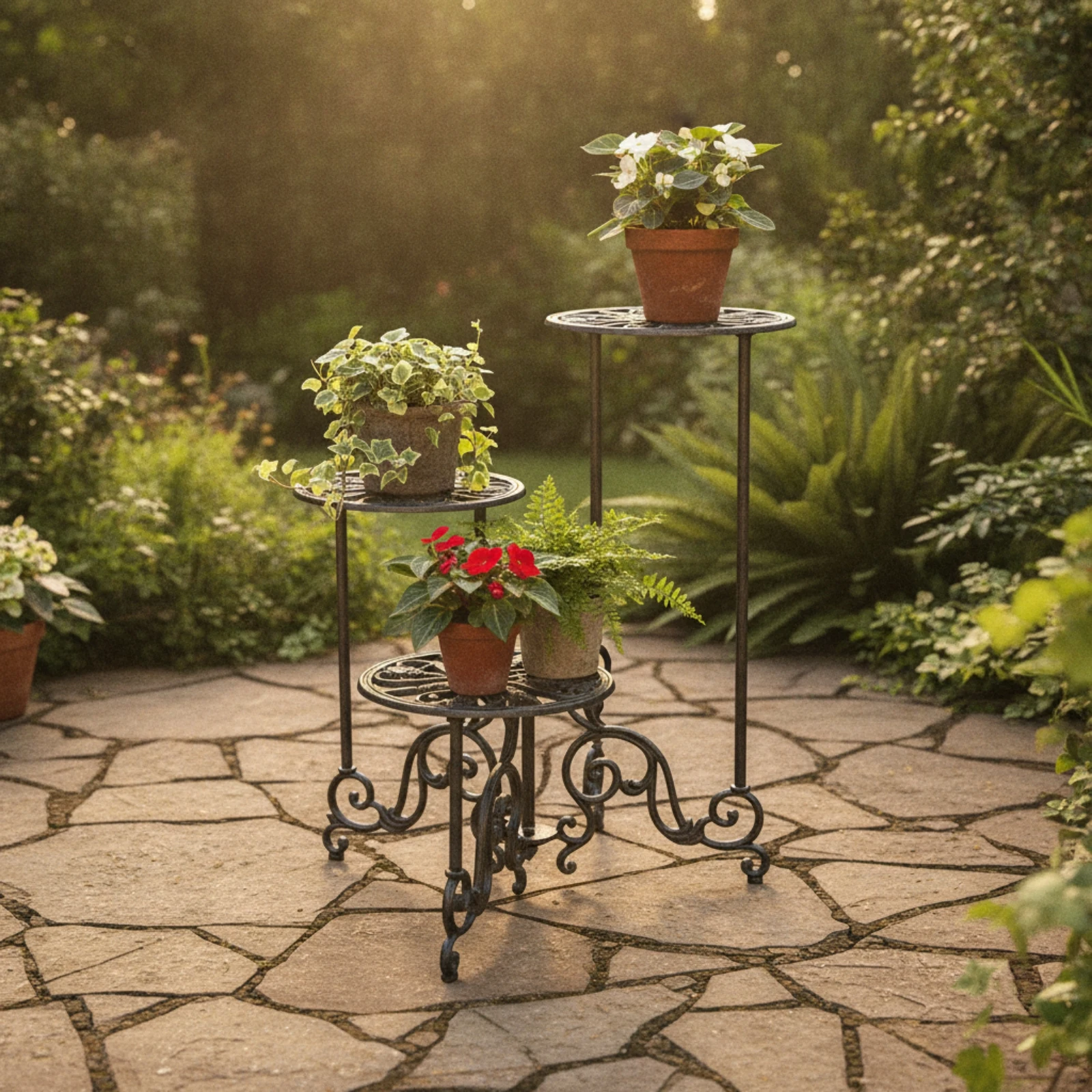 3-Tier Plant Stand Vintage Rotating Flower Stand 3-Tier Plant Shelf Wrought Iron Look Furniture Space-Saving for Gardeners