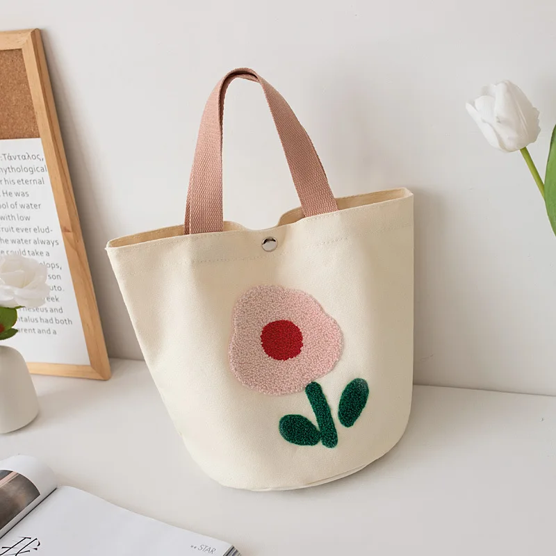 Bolso de mano de lona con flores de felpa bordadas para mujer, bolsos de compras de gran capacidad, lonchera, bolso de mano para estudiantes