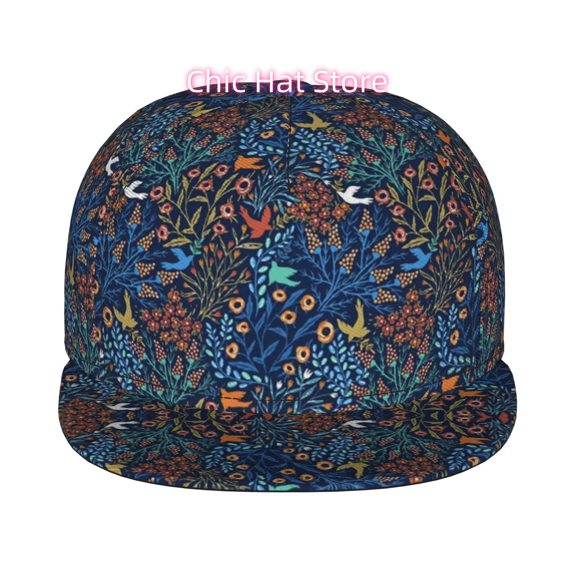 1pc Navy Blue Floral And Bird Pattern Fully Printed Hip-Hop Cap, Stylish Flat-Brimmed Baseball Cap, Trucker Caps Baseball Caps
