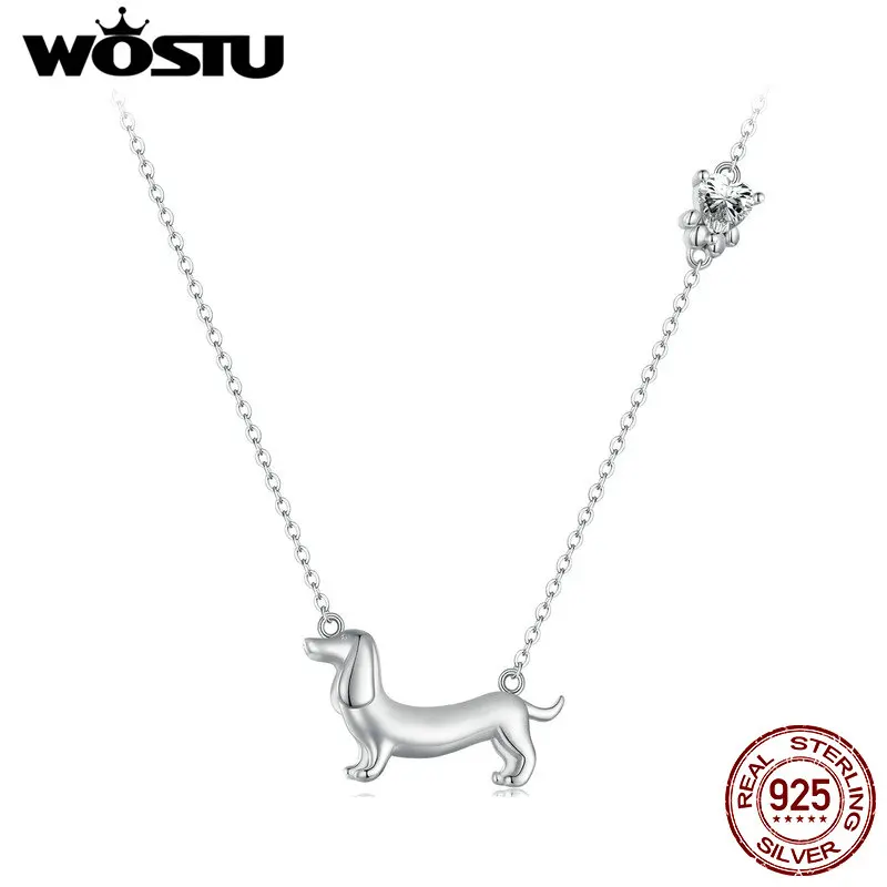 WOSTU Solid 925 Sterling Silver Cute Dachshund Dog Pendant Necklace S925 Animal Pet Paw Zircon Links Necklace Girl Birthday Gift