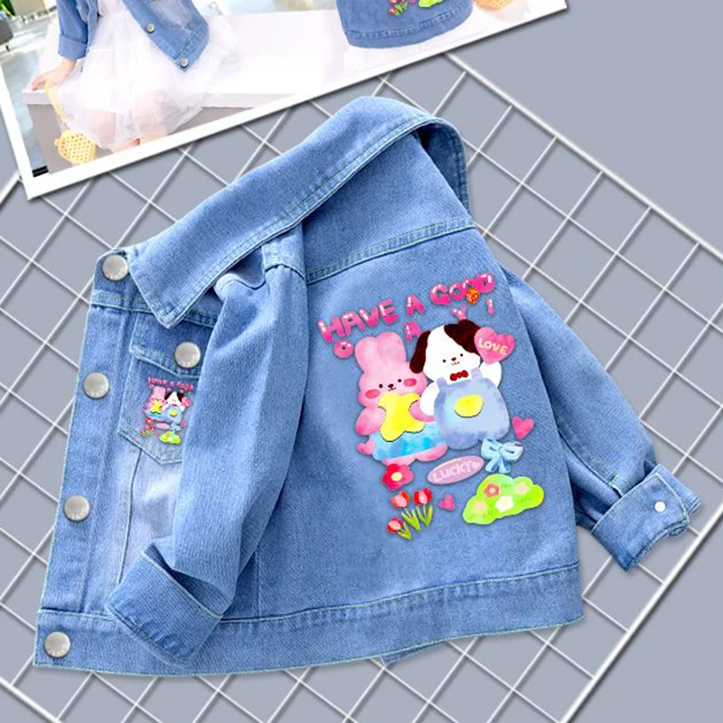 Autumn and Winter New Boys and Girls 100% Cotton Rabbit Cat Dog Cartoon Print Fashion Polo Collar Long sleeved Denim Coat