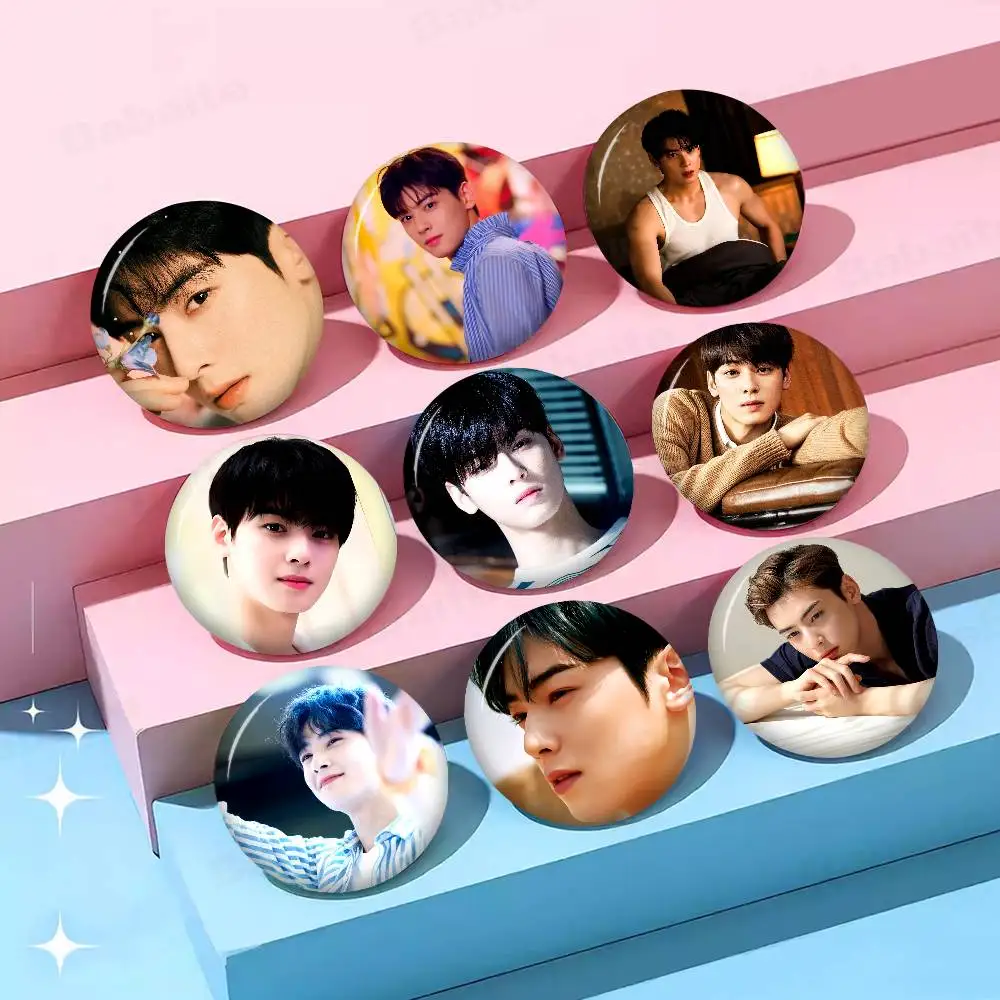 Cha EunWoo Poster 58mm Cute Anime Figure Icon Badge Handmade Tinplate Brooch for Backpack Clothes Chest Ornament Gifts