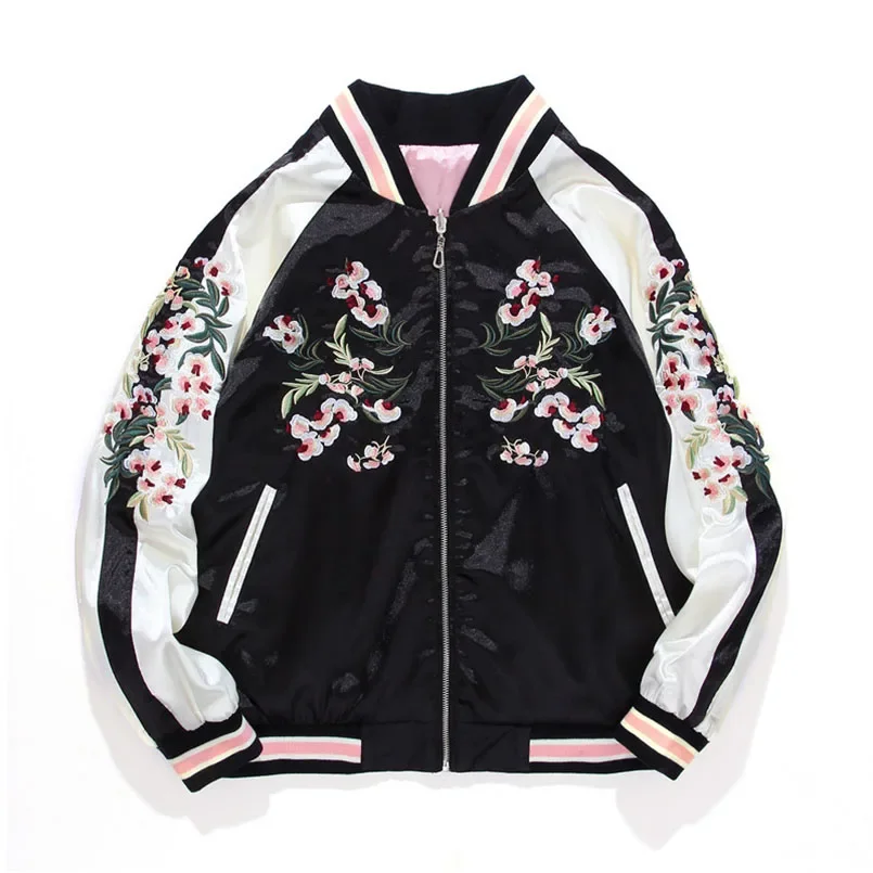 

2023 Satin Yokosuka Sukajan Embroidery Baseball Jacket Women Double Sided Female Bomber Coat Floral Harajuku Autumn Japan Girls