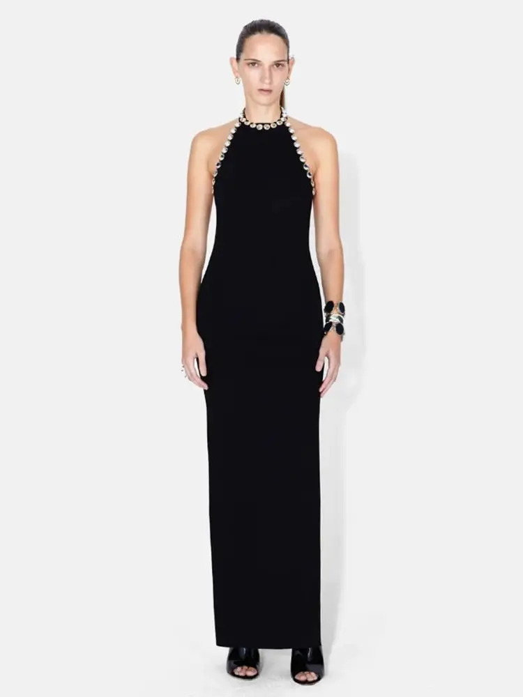 

Ailigou 2023 New Women's Sexy Hanging Neck Cut Off Back Sleeveless Black Diamond Long Fit Dress Elegant Celebrity Party Dress