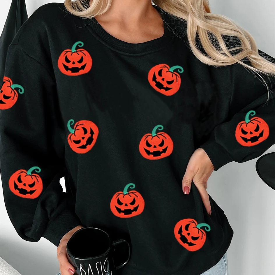 Streetwear feminino halloween solto moletom manga longa em torno do pescoço abóbora impressão pulôver
