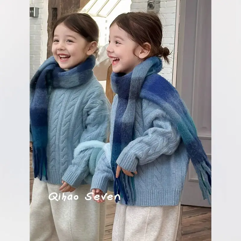 Girls Classic Sweater 2026 Fall New Thick Simple Solid Cable Knit Top Korean Kids Knit Undershirt Trendy