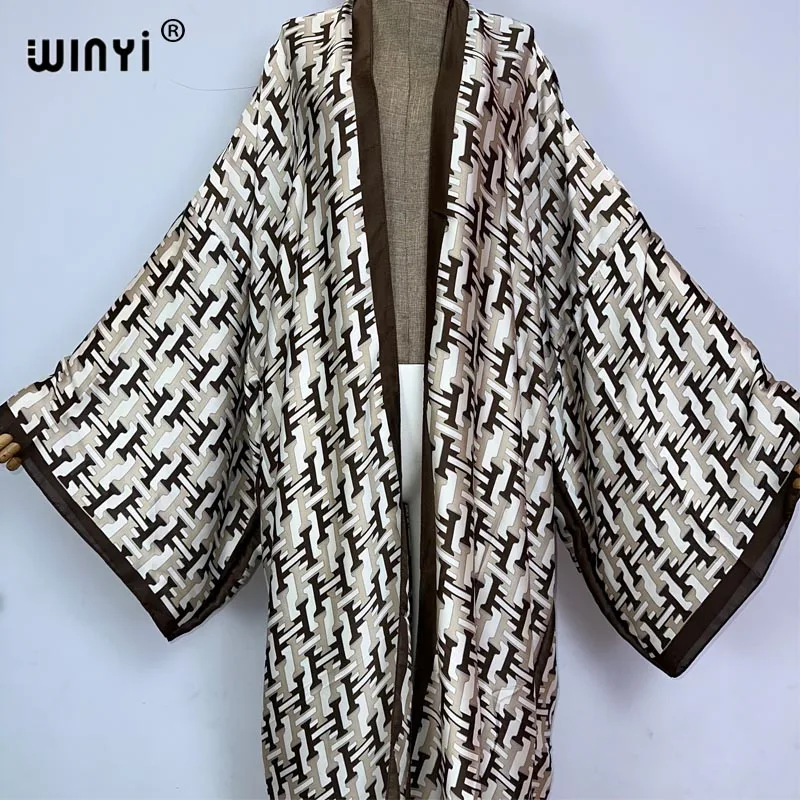 WINYI kimono letnie klasyczny nadruk kobiety luźna długa sukienka elegancka impreza Boho Maxi wakacje na plaży Kimonos kaftan