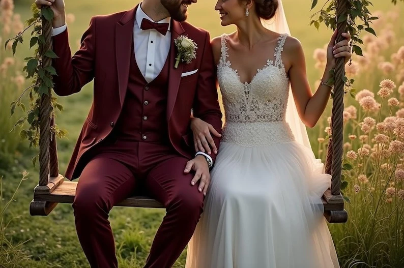 

Мужской бордовый свадебный костюм из трех предметов, формальный костюм на заказ