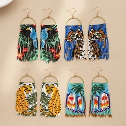 Beaded earrings Tassel Design Parrot Tiger Leopard Coconut grove Hand knitting Bohemia Alloy Fashion Simple Rice bead earrings