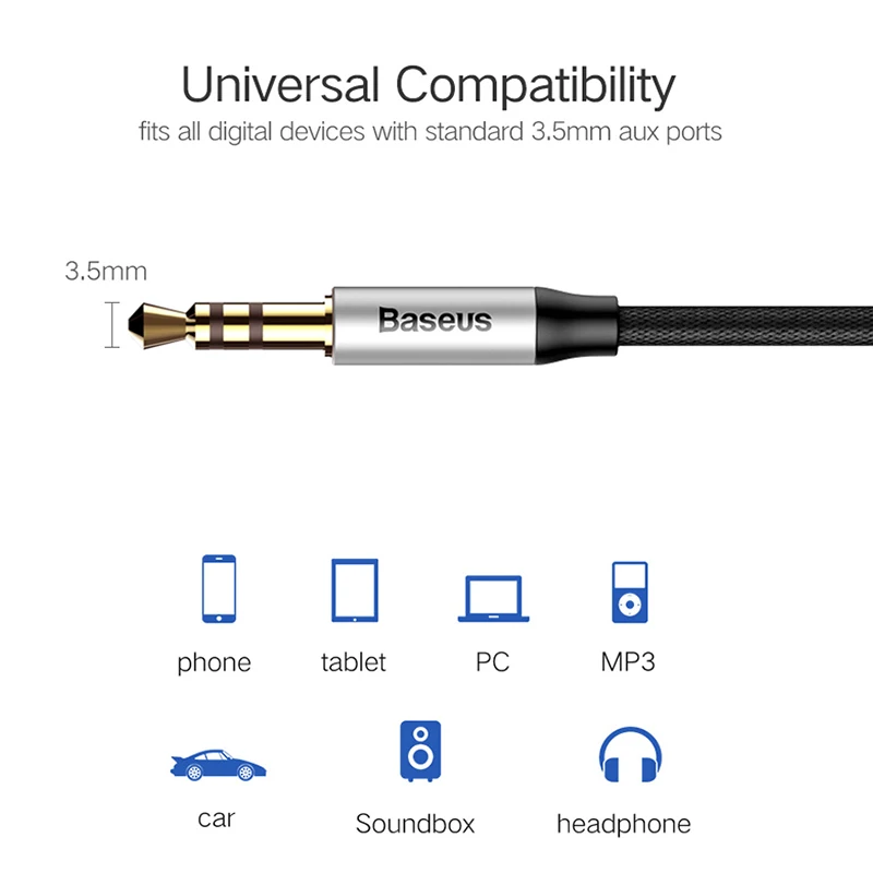 Baseus-3.5mm AUX 케이블 스테레오 오디오 코드, 금도금 남성-남성용 편조 케이블, 자동차 홈 헤드폰 스피커, MP3 플레이어 케이블