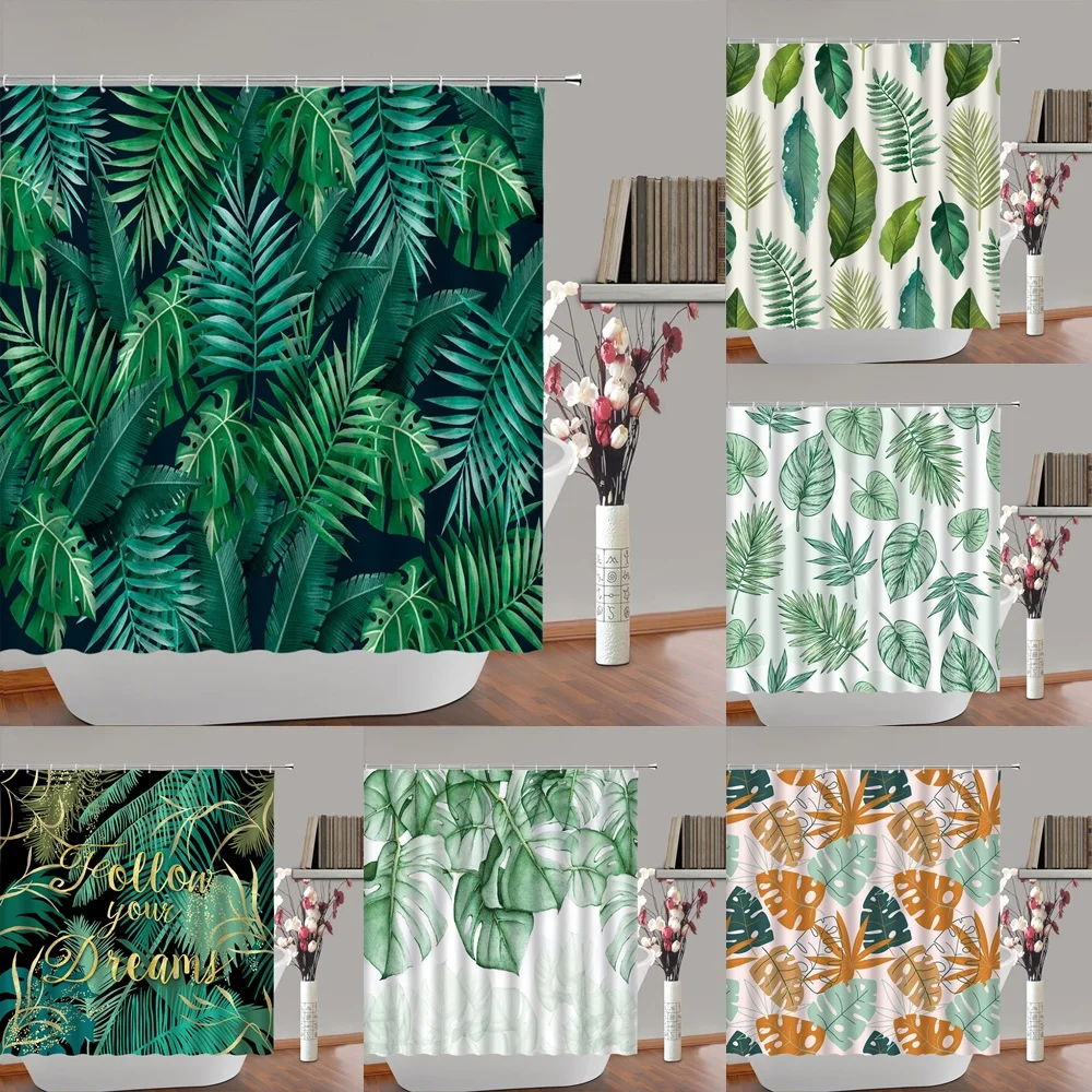 

Tropical Leaf Shower Curtain Summer Hawaii Rainforest Green Palm Banana Leaves Wild Jungle Plant Bathroom Curtain Set with Hooks