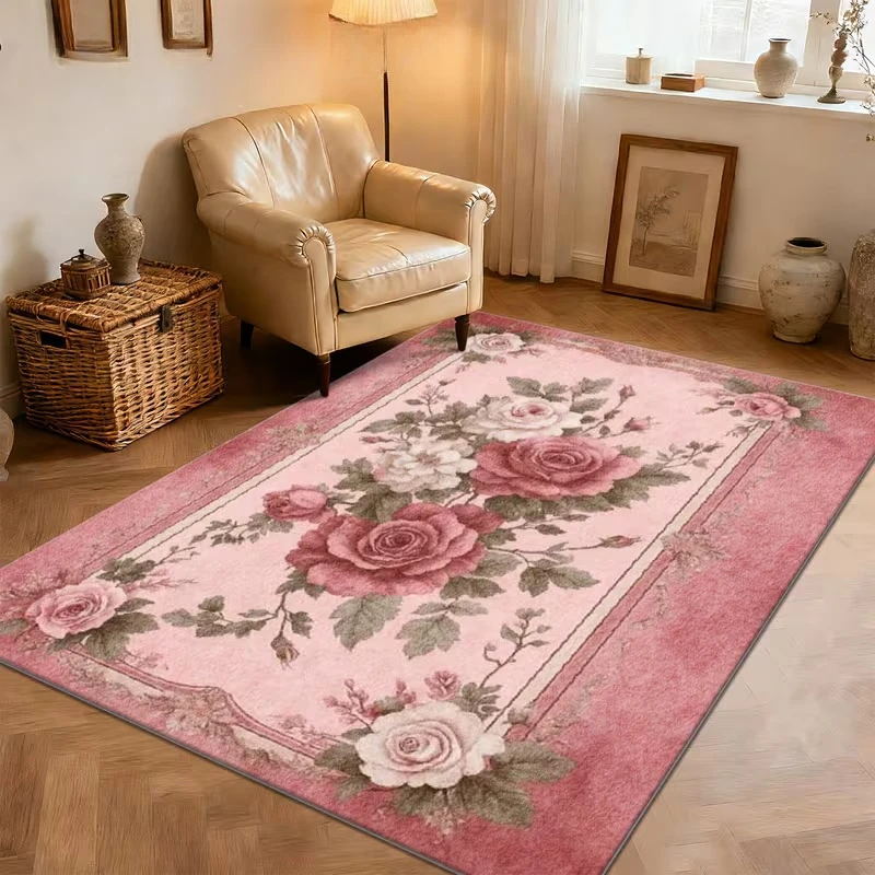 Realistic Floral Pink Rose Carpet Non Slip Mat for Kitchen Living Room Entrance Bedroom Office Floor Rug Soft Home Decor Gift