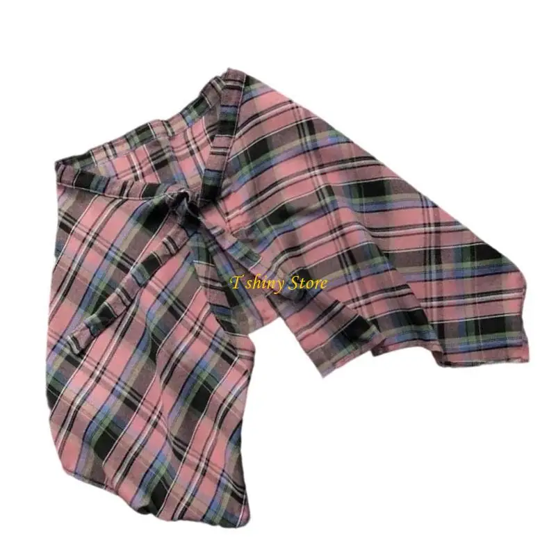 

N58F Checkered Layering Fake Top Mini Skirt Lower Skirt Tieback Shirt Extenders Half Length Skirt Underskirt Gifts