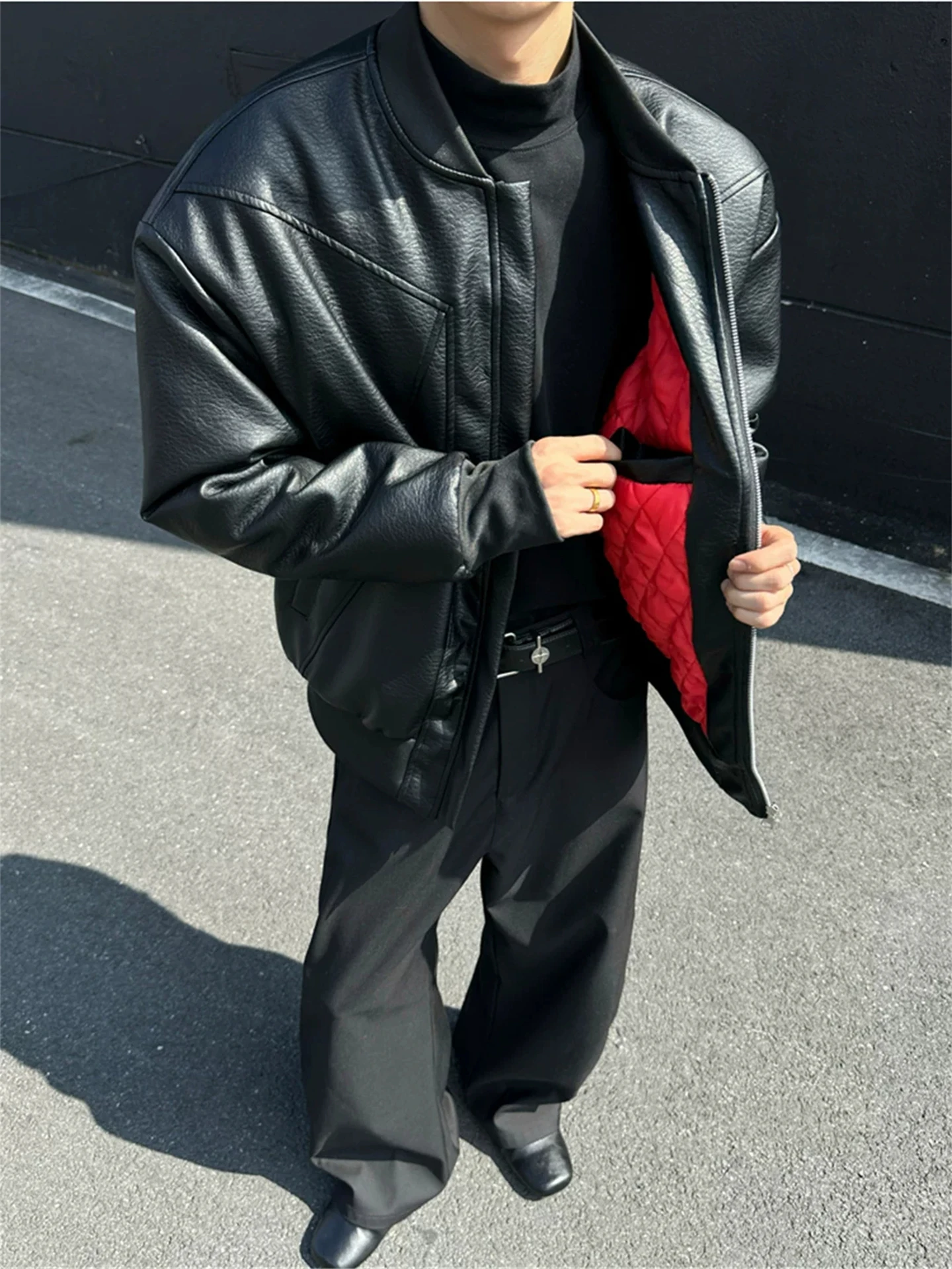 Black Stand Collar Thickened Cotton Jacket Men's Winter Style American Deconstructed Motorcycle Coat Casual Loose Fit Warmth