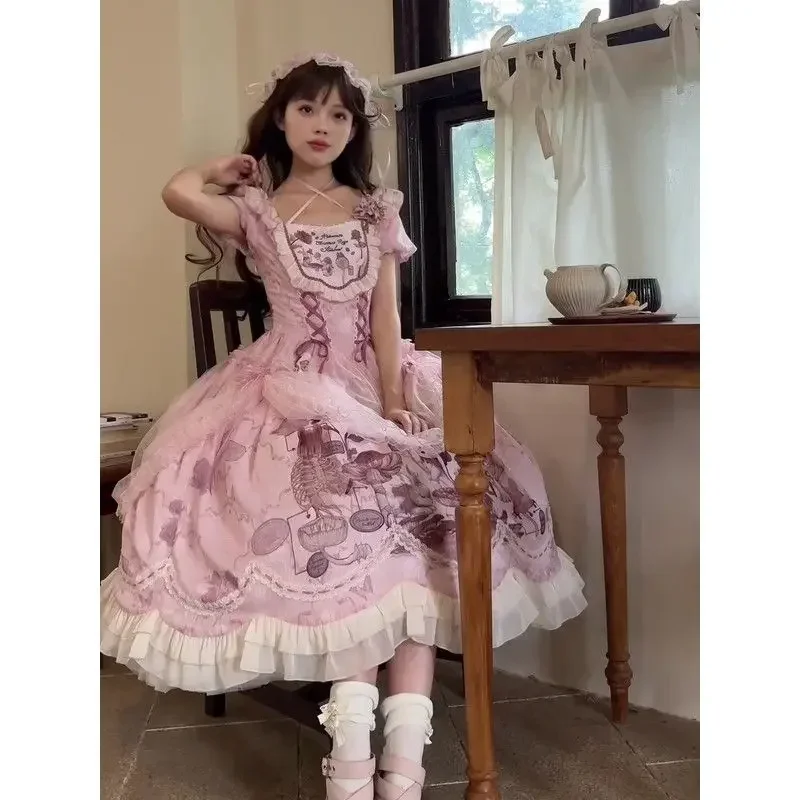 MGOGO lolita snový girl`s dr. house sladké lolita OP šaty ženy vintage potištěné panenka krátký rukáv kněžna elegantní večírek šaty