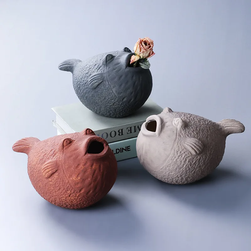 Ceramic Puffer Sculpture Art Arrangement Ornament Hydroponic Room Decoration